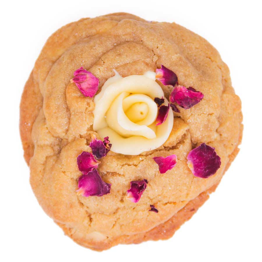 gluten free white chocolate cookie with white sugar rose